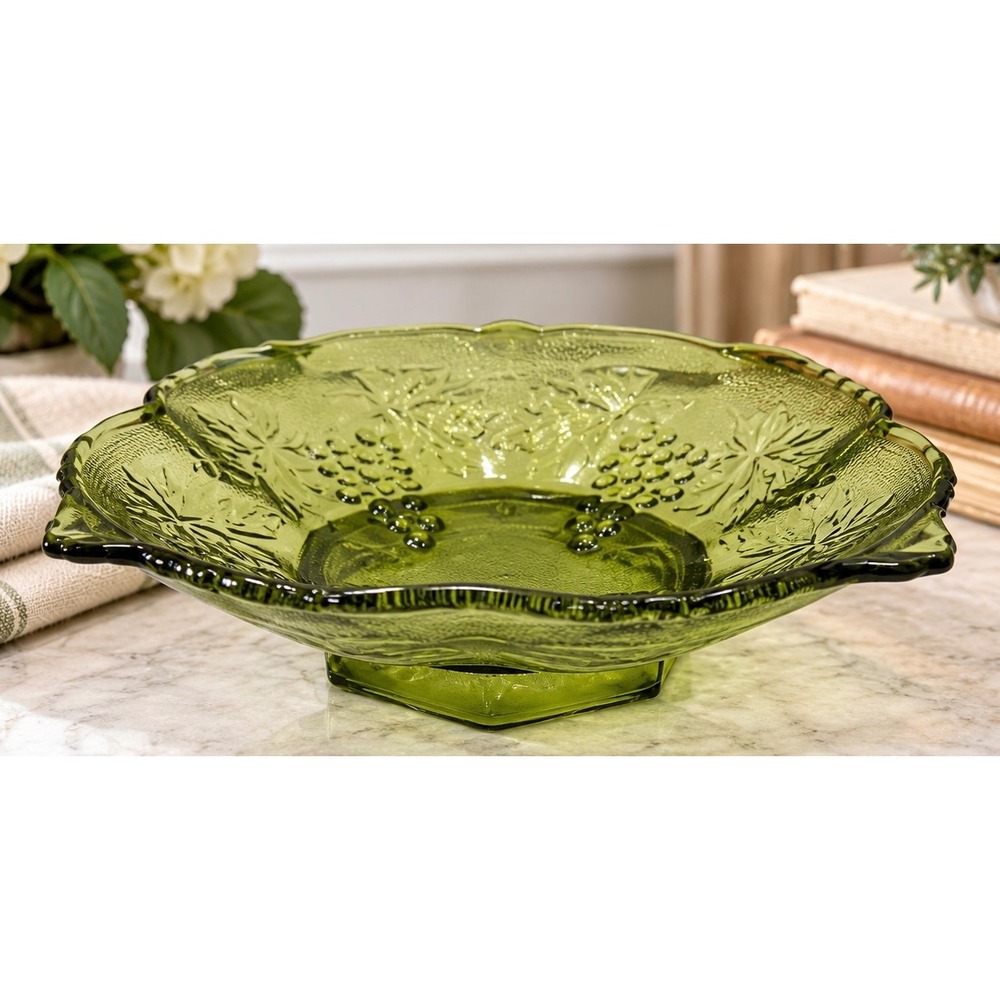 Indiana Glass Grape Harvest Green Fruit Bowl Large Olive Scalloped Edge Vintage